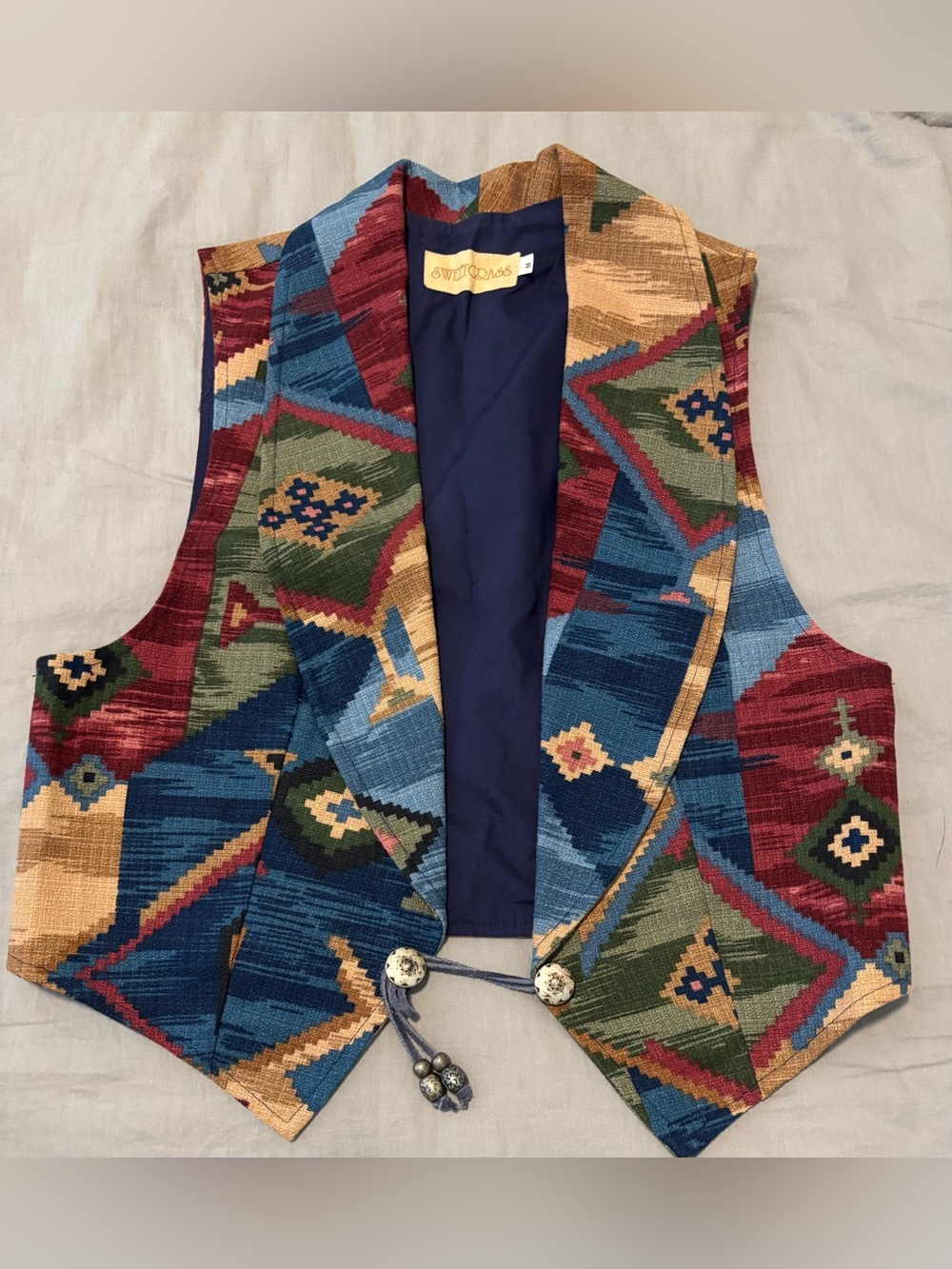 Sweetgrass Vintage  Southwestern Womens Vest - Blue, Red, Green, Tan